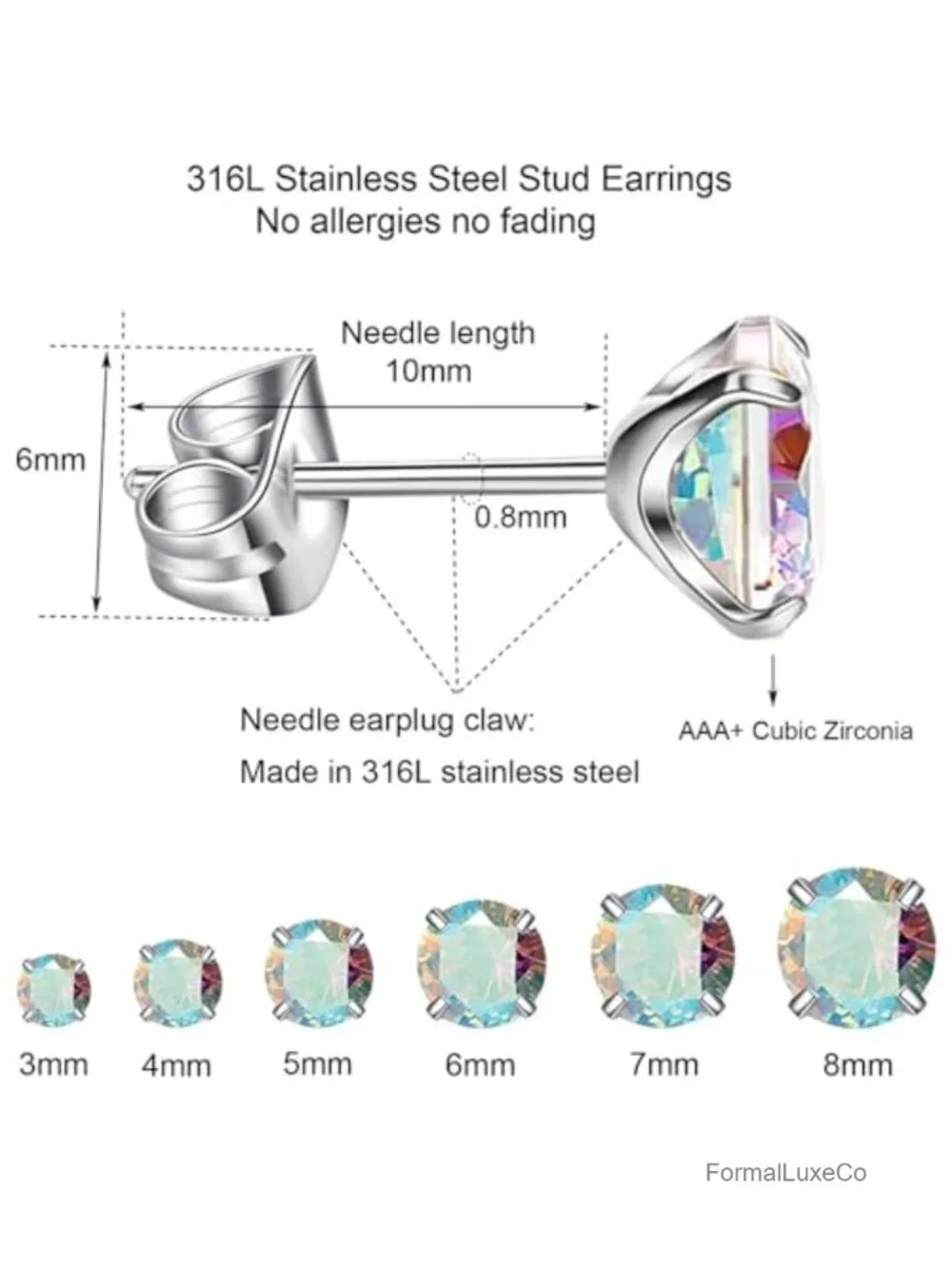 6 Pairs CZ Stud Earrings Set 316L Surgical Steel Hypoallergenic 3-8mm